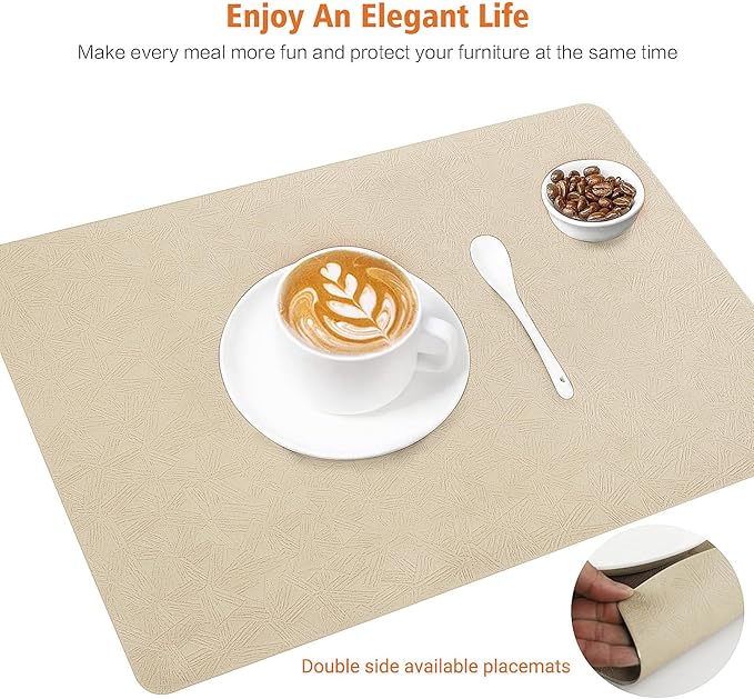 Vinyl Placemats Set of 6 Heat Resistant Easy Clean Non-Slip Place Mats for Dining Table Faux Leather Waterproof Stain Resistant Wipeable Washable PVC Table Mats(6, Beige)