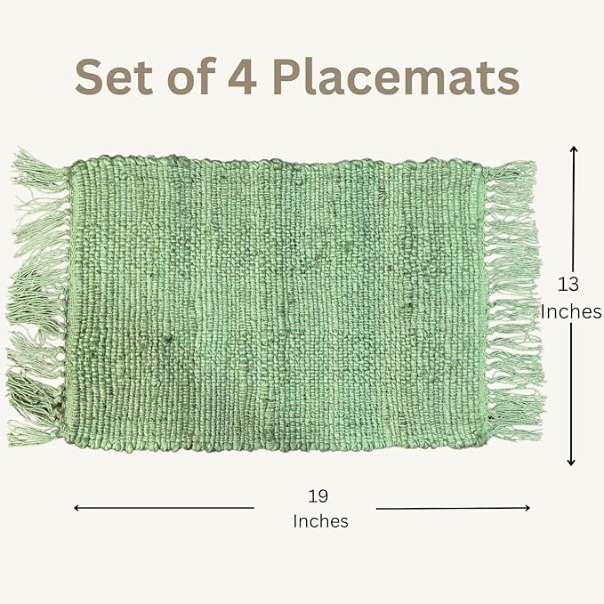 Perilla Home Natural Chindi Jute Placemat Set of 4 Vintage Boho 13x19 Inch Table Mats for Kitchen Dining Home Decor Rectangle Placemats (Green)