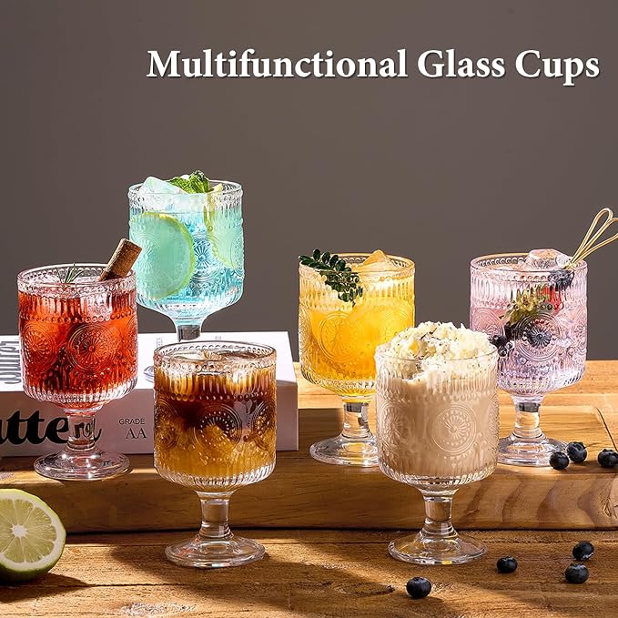 6 Packs Vintage Goblet Glasses, 8 oz Wine Glasses, Embossed Floral Glass Cups - Image 2