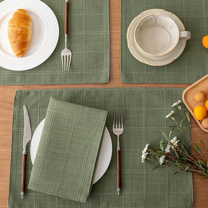 Linen Checked Placemats Set of 4, Sage Green Place Mats 12x18 Inch | Raised - Image 3