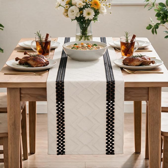Artoid Mode Black Stripe Woven Rustic Table Runner 12x108 Inch | Holiday - Image 2