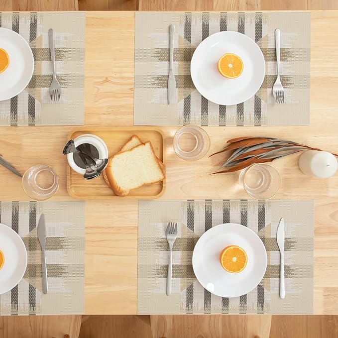 Winknowl Placemats Set of 8, Heat Resistant Stain Resistant Woven Vinyl Insulation Place mats, Durable Washable Elegant Table Mats for Kitchen Dining Table Decor (Geometric Beige)