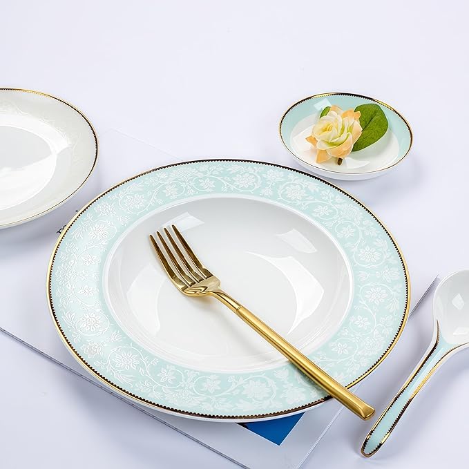 Fine Bone China Dinnerware Set,Porcelain&Ceramic Dinnerware Sets,Bone Stoneware & Ceramic Cookware Tableware Set Includes Dinner Plates|Spoons|Pasta Bowls|Soup Pot|Chopsticks (42PCS * 8-Person Set)