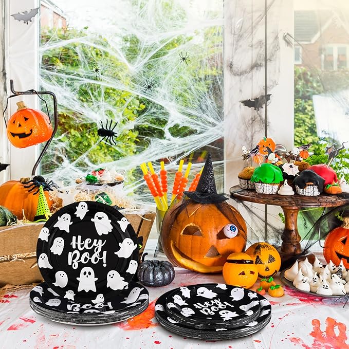 48 Pcs Halloween Hey Boo Paper Plates Set Include 9 Inch Ghost Disposable Dinner Plates 7 Inch Scary Dessert Plate Tableware for Halloween Birthday Party Supplies