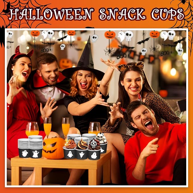CHENGU 60 Pcs Halloween Snack Cups 9 oz Disposable Ghost Paper Ice Cream Bowls - Image 5