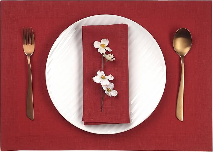 D'Moksha Homes Linen Red Placemats Set of 4-100% Pure Linen Placemats 14 x 19 Inch for Valentines, Spring - Handcrafted and Machine Washable