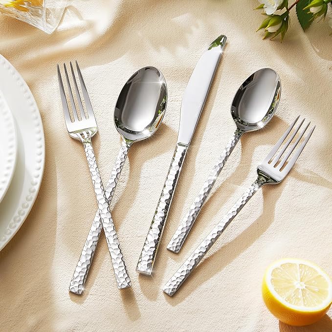 20 Piece Hammered Silverware Set, 18/10 Stainless Steel Flatware Set - Image 7