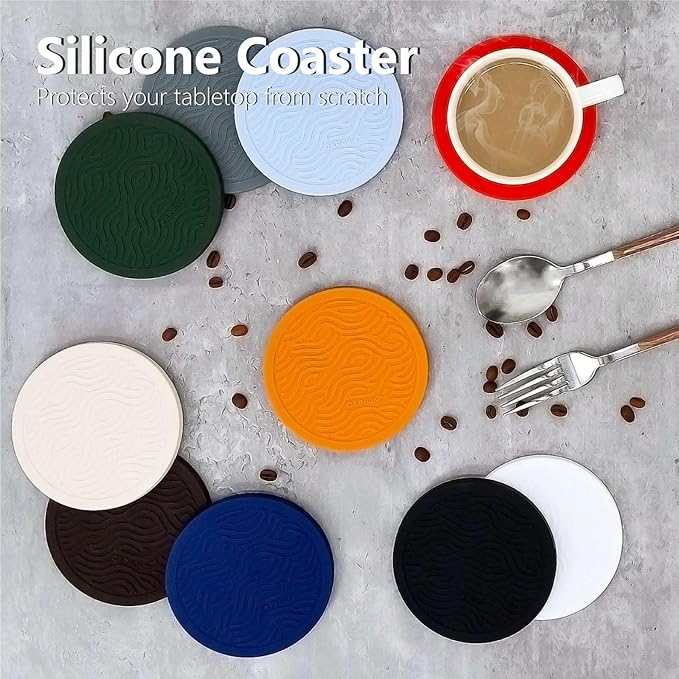 Indigo Floral Non-Slip Silicone Coasters, 4-Pack Double-Sided Absorbent Cup Mats for Hot & Cold Drinks, Scratch & Water Ring Protection for Wood Tables, Home Office Bar Use (4PC)