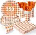 Vyntra 350 Pcs Orange & White Checkered Gingham Paper Plates and Napkins Set by PartyTablewareSupplies
