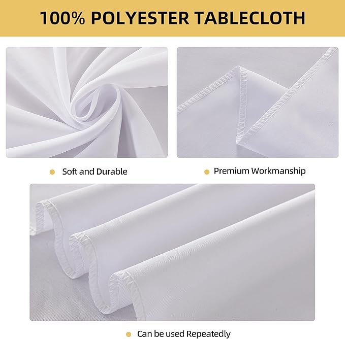 2-Pack 60x60 inch White Table Cloths, Solid Stain and Wrinkle Resistant Tablecloth, Premium Plain Weave Polyester Fabric Rectangle Table Linen Covers for Hotel, Banquet