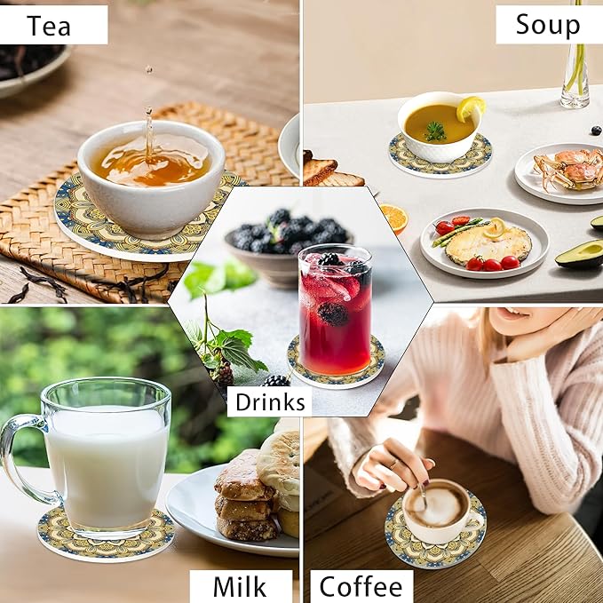 Mandala Set of 6 Coasters for Drinks Absorbing Round Ceramic Stone Coaster with Cork Base,Tabletop Protection Mat for Mugs and Cups,Office,Kitchen