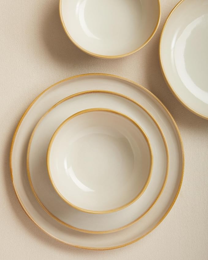 Ceramic Plates and Bowls Set, Everyday Dinnerware Set for 4, Wavy Rim Kitchen Dish Set, Chip Resistant Dishware Sets, Dishwasher Safe Dinner Set, Designed for Simple Meals, Yellow White