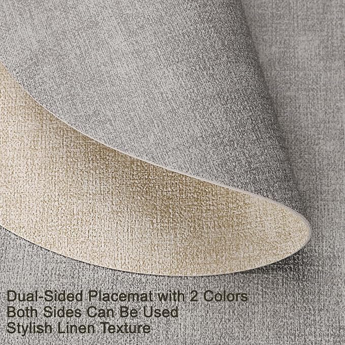 Placemats and Coasters, Washable Placemats Round Faux Leather Wipeable Place Mats Non Slip Heat Resistant Indoor Outdoor Table Mats (Set of 4, Light Gray Cream-White)