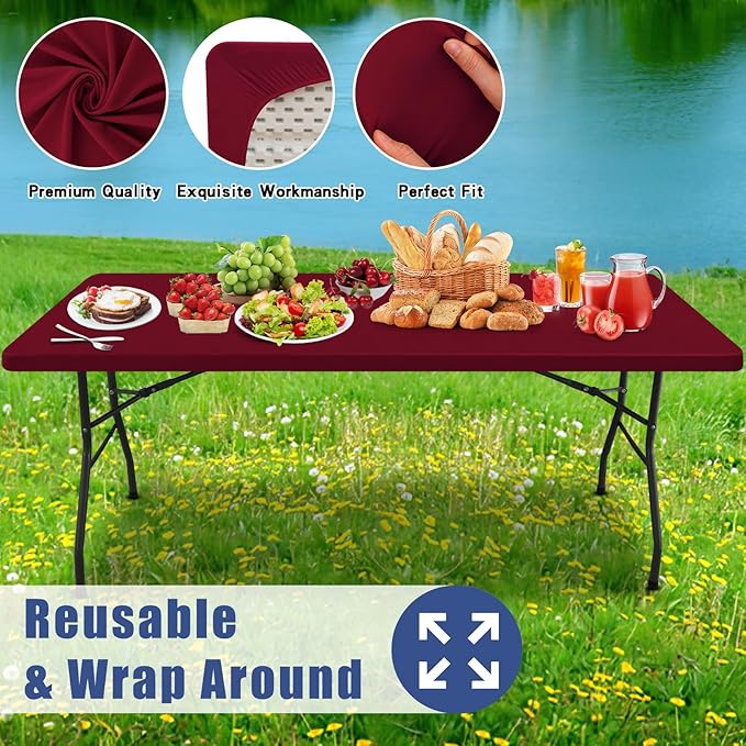 Spandex 8 Foot Rectangle Table Cloth 2 Pack, Elastic Fitted Tablecloths for Picnic, Stretch Washable Patio Table Cover for Outdoor, Camping, Banquet and Parties (Wine Red, 30"x96")
