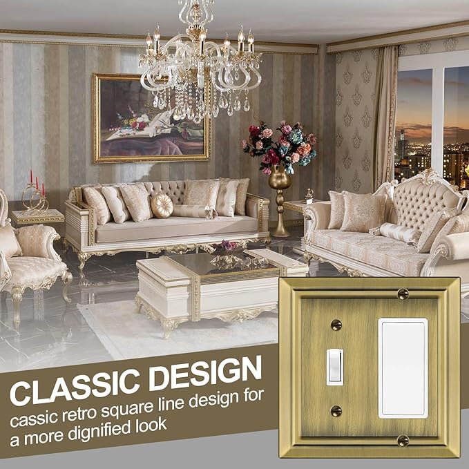 Metal Wall Plate for Electrical Outlets, Decorative Antique Brass Switch Plates Outlet Cover, Light Switch Cover Plate, 2-Gang Wall Plates (Toggle/Decorator, 2 Pack)