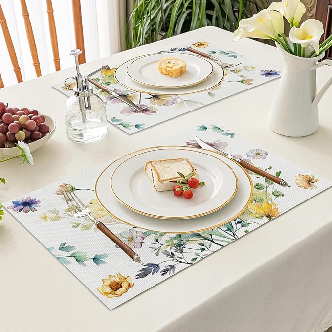 AOFOTO Floral Placemats Set of 4 Watercolor Blue Yellow Flower Green Leaves Printed Place Mats Rectangular Artistic Table Mats for Party Home Kitchen Restaurant Dining Table Decor 12x18 Inch