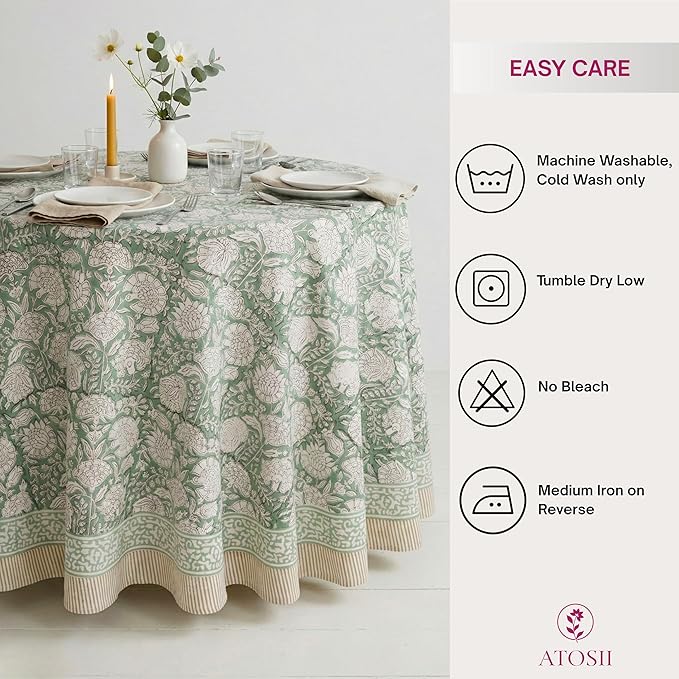 ATOSII Jade 100% Cotton Boho Round Tablecloth, Block Print Floral Table Cloth Linen for Dining, Parties, Weddings, Outdoors I Table Decor 90" Inches I