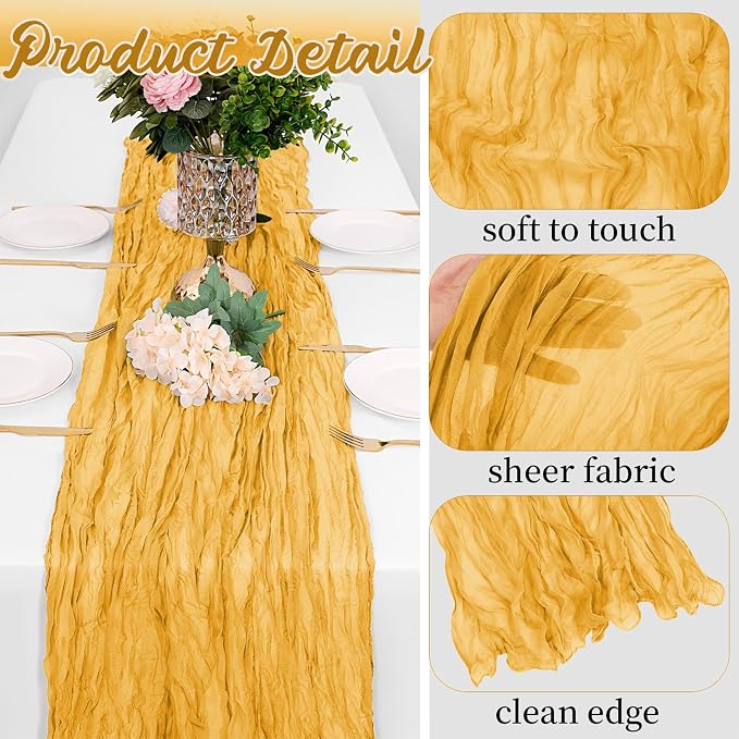 8 Pack Gold Cheesecloth Table Runners 20x120 Inch Gauze Table Runner 10FT - Image 3