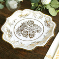 50 Pack 10" White Gold French Toile Dinner Plates, Disposable Round Paper Party Plates 300 GSM for Festive Table Decoration