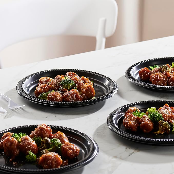 PLASTICPRO 100 PCS Black Plastic Plates Light Weight 9 Inch Plastic Dinner - Image 2
