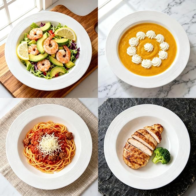Pasta bowl rim Plate Set of 4, 9.8 inch Ceramic Rimmed Pasta Plates, - Image 7