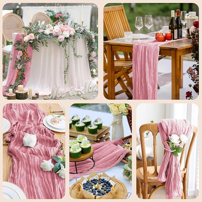 Cheesecloth Table Runner 10FT 2Pcs Pink Boho Gauze Rustic Sheer Runners | - Image 7