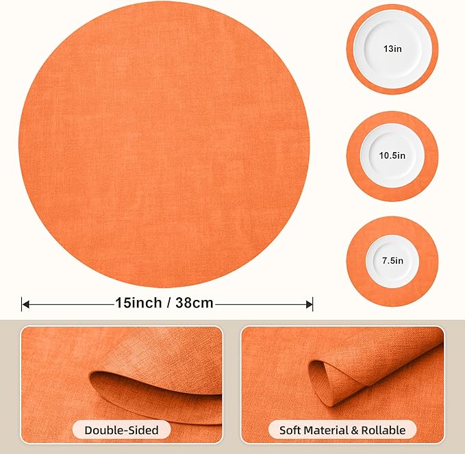 15 inch Faux Leather Round Placemats Set of 4 Non-Slip Washable Wipeable Table Mats, Heat Resistant Waterproof Oilproof Orange Place Mats for Kitchen, Dining, Party, Indoor, Outdoor