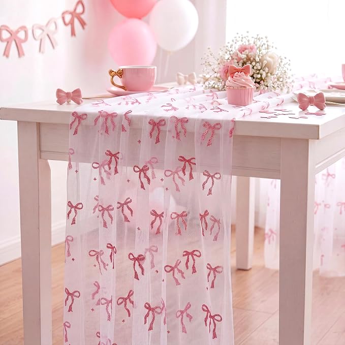 4 Pcs Pink Bow Table Runners 29 x 70 Inch White Tulle Lace Table Runner - Image 5