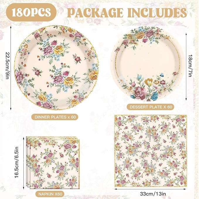 180Pcs Vintage Floral Party Supplies Paper Plates and Napkins Serve 60 | - Image 2