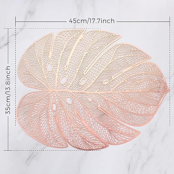 Evevda Rose Gold Leaf Shaped Vinyl Placemats for Dinner Table Set of 8 Metallic Plastic Place Mats Wipeable 8Pcs Table Mats for Wedding Annersary Dinner Table Decoration Mats(17.7x13.8inch/45x35cm)…