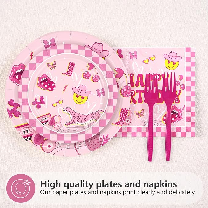 96Pcs Pink Checkered Preppy Birthday Party Supplies Serves 24 | Pink Smiley - Image 2