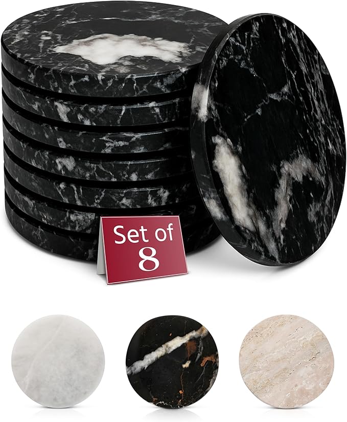 Gusto Nostro Black Marble Coasters Set of 8 - Modern Natural Stone Coasters for Drinks - Solid Marble Kitchen Accessories, Round Artisanal Stone Coaster for Kitchen Counter, Coffee Table, Countertop