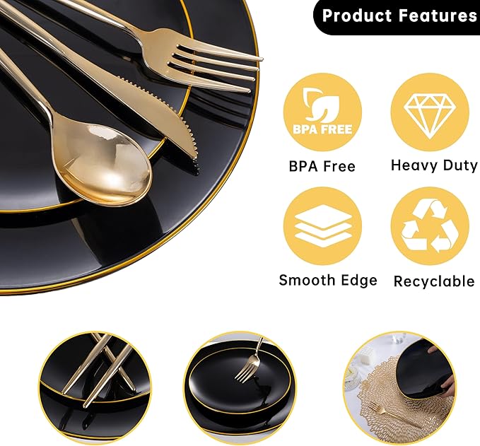 MirthMood 210Pcs Black and Gold Disposable Plates,Black Plates, Black and Gold Plates Include 30 Dinner,Dessert Plate,30 Cup&30 Napkins, 90 Gold Silverware for Wedding & Party & Birthday & New Year