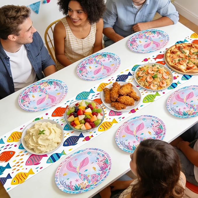 50Pcs Mermaid Birthday Oval Paper Plates 10" x 12" Large Disposable Heavy Duty Iridescence Paper Platters Mermaid Themed Dessert Plates for Under the Sea Themed Birthday Party Supplies