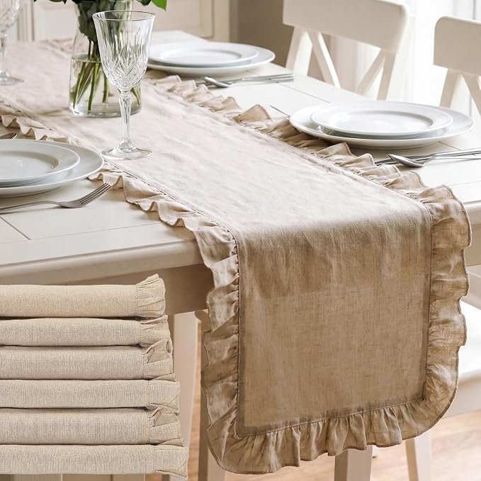 6 Pcs Neutral Beige Ruffled Table Runner, 13 x 72 Inch | Linen Kitchen Dining by Unknown
