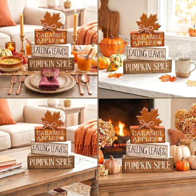 Moucuny 4 Pcs Fall Decor Wooden Maple Leaf Decoration Thanksgiving Tiered Tray - Image 5