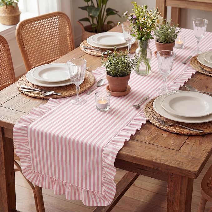 HunnmingRe Ruffle Trim Boho Table Runner Farmhouse Rustic Stripes Scalloped - Image 9
