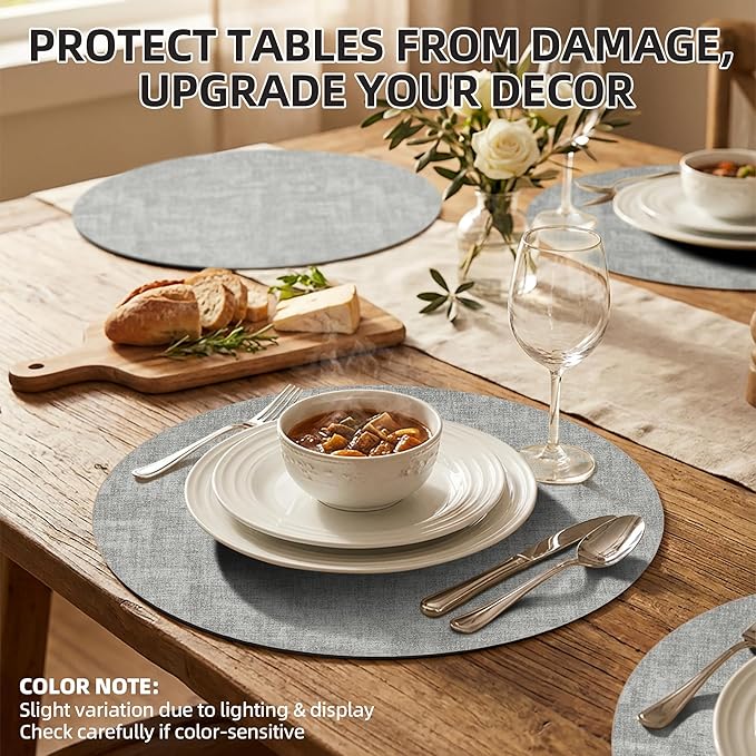 15 inch Faux Leather Round Placemats Set of 4 Non-Slip Washable Wipeable Table Mats, Heat Resistant Waterproof Oilproof Place Mats for Kitchen, Dining, Party, Indoor, Outdoor Beige