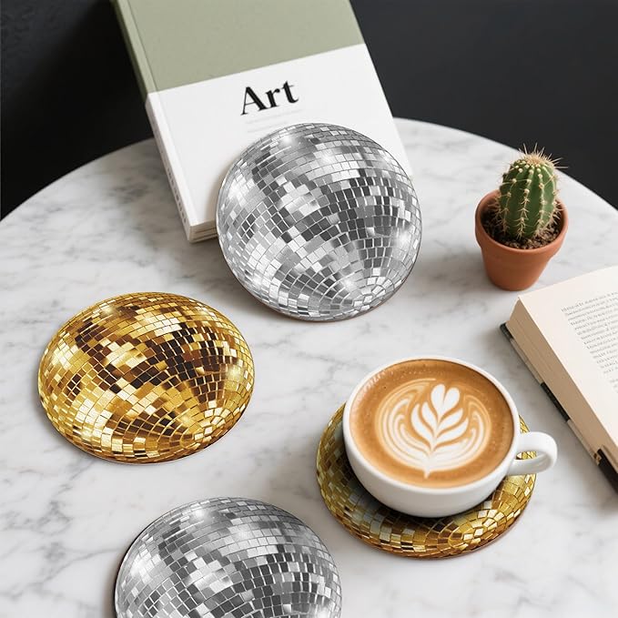 Ball Coasters Leather Round Drink Coasters 6 Pcs Set with Holderor for Cup Drink Coffee Table Bar Home Decor