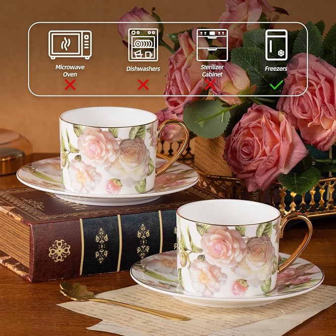 KAMMAK Tea Cups and Saucers Set of 2, Porcelain Coffee Cups, JBE027 | Stackable - Image 4