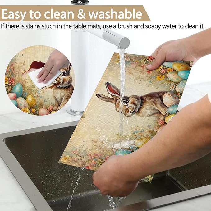 Table Placemats Set of 6, Waterproof Linen Fabric, Non-Slip Backing & Easy Clean, Elegant Dining Table Protectors for Family and Guests(Easter Bunny Spring)