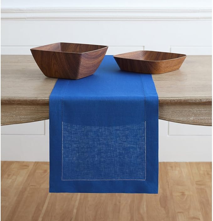Solino Home 100% Pure Linen Table Runner Royal Blue Hemstitch, 14 x 132 in | by SolinoHome