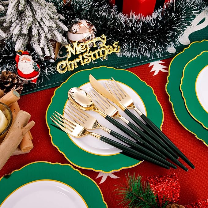 WDF 30Guest Christmas Plates Disposable - Gold Plastic Silverware With Green Handle - Baroque Green &Gold Plastic Dinnerware for Wedding Birthday Party St. Patrick’s Day