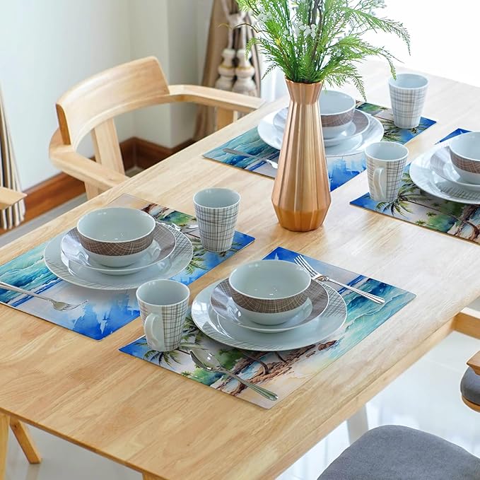 Beach Placemats Set of 4 - Palm Tree Place Mat 12x18 Inch Summer Sea Coastal Table Mat for Party Kitchen Dining Home Holiday Party Decor