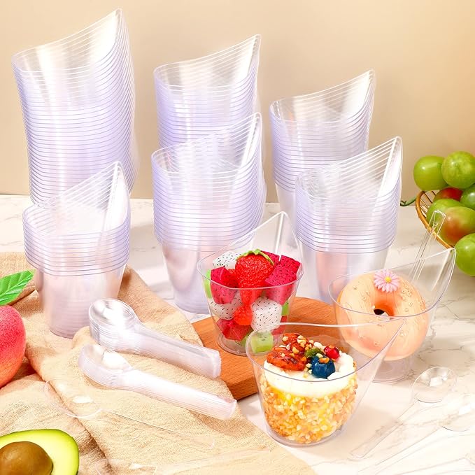 200 Pack Clear Plastic Dessert Cups with Tasting Spoons, Appetizer Cups Yogurt Parfait Bowls with Spoons for Party Supplies Catering Chocolate Desserts Buffet Food Display (7 oz)