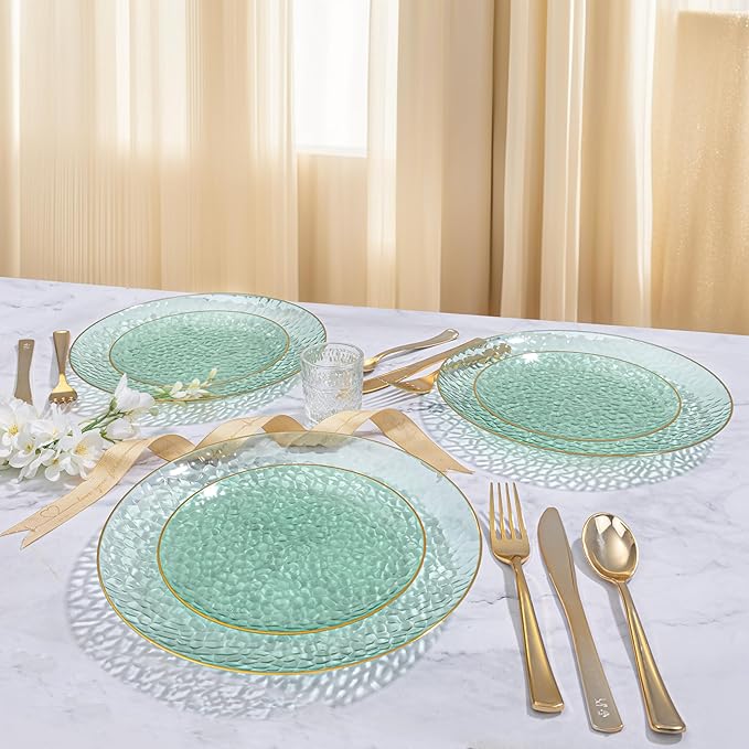DaYammi 60PCS Green Gold Plastic Plates - 10 inch Green Plastic Dinner Plates - Hammer Pattern Design - Fancy Disposable Plates Ideal for Wedding & Party