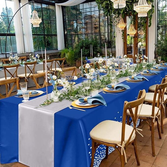 Breling 8 Pack Navy Blue and Silver Disposable Plastic Tablecloths and Satin Table Runner, 54 x 108 Inch Tablecloth, 12 x 108 Inch Table Runners for Wedding Graduation Birthday Baby Shower New Year
