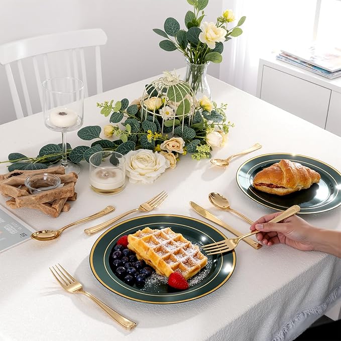 175PCS Green Plastic Plates - Green and Gold Disposable Plates 25Guests Plastic Plates with Rolled Napkins for Birthday/St. Patrick's Day