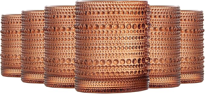 Burnt Orange Amber Hobnail Drinking Glasses | Set of 6 | 11 OZ Bubble Design by Khen