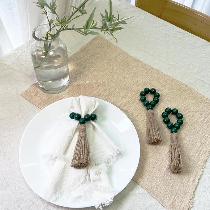 Christmas Napkin Rings Set of 12,Wooden Napkin Rings,Wood Bead Elastic Farmhouse Napkin Ring with Tassel,Boho Napkin Holder for Table Decor,Wedding,Dinner,Party (Dark Green)